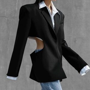 Black back cut-out blazer woman jacket. Black woman suit blazer